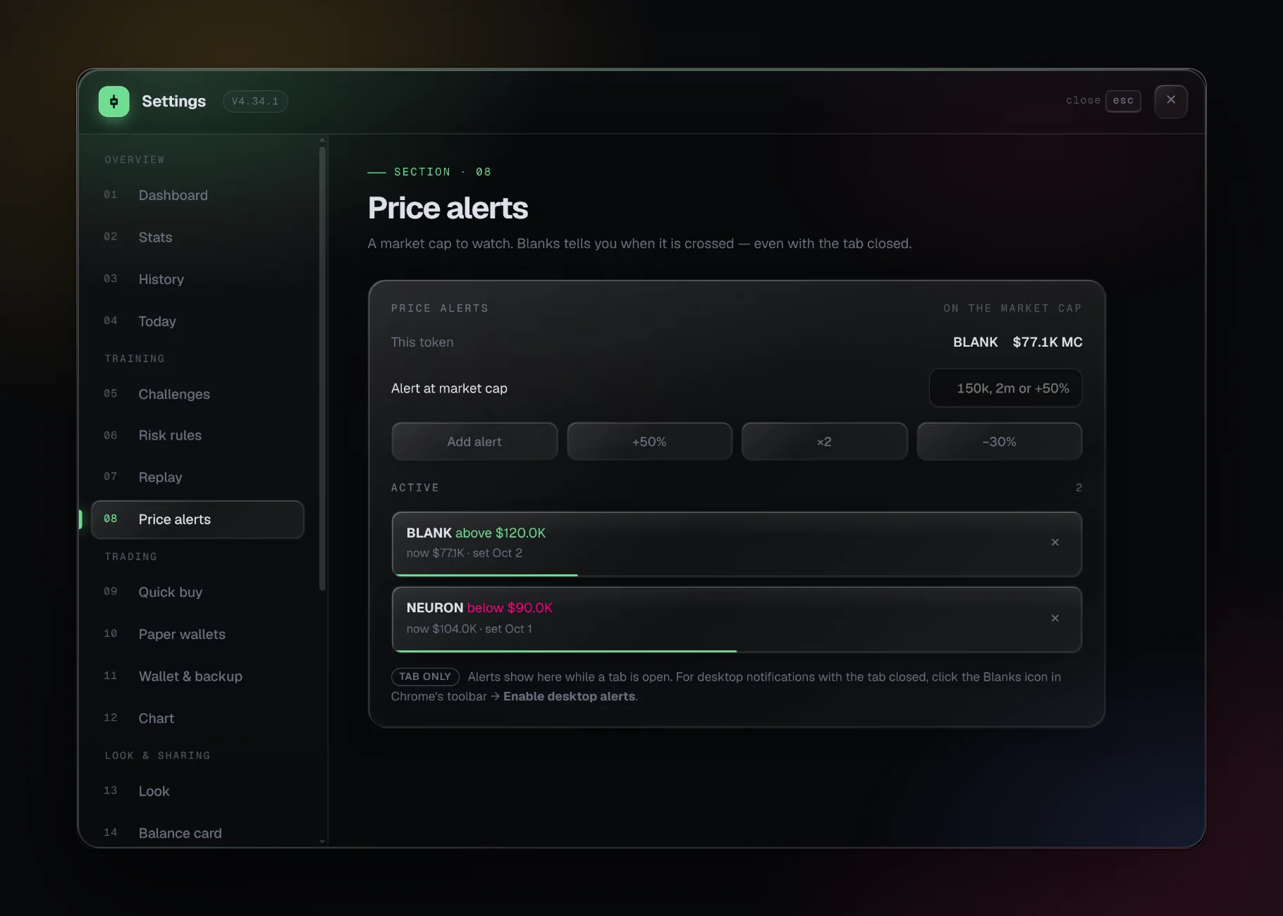 Price alerts on market cap