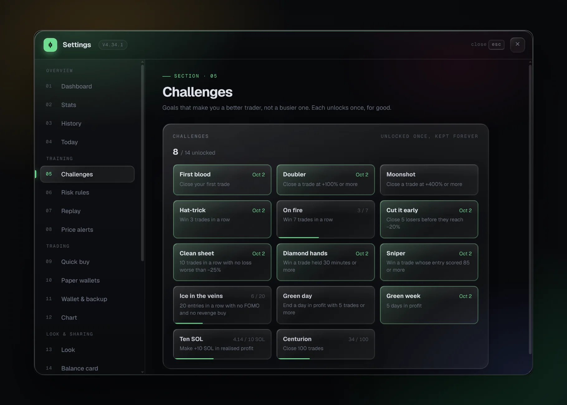 Challenges grid with unlocked goals