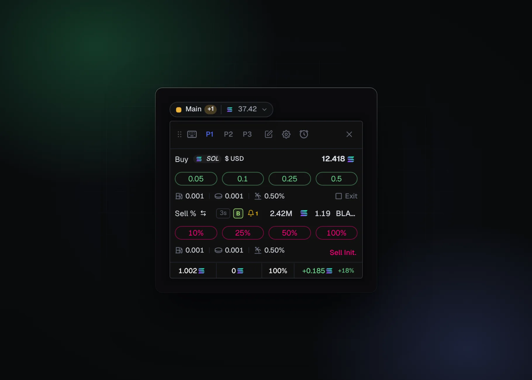 The trade panel on Terminal with presets and the wallet switch