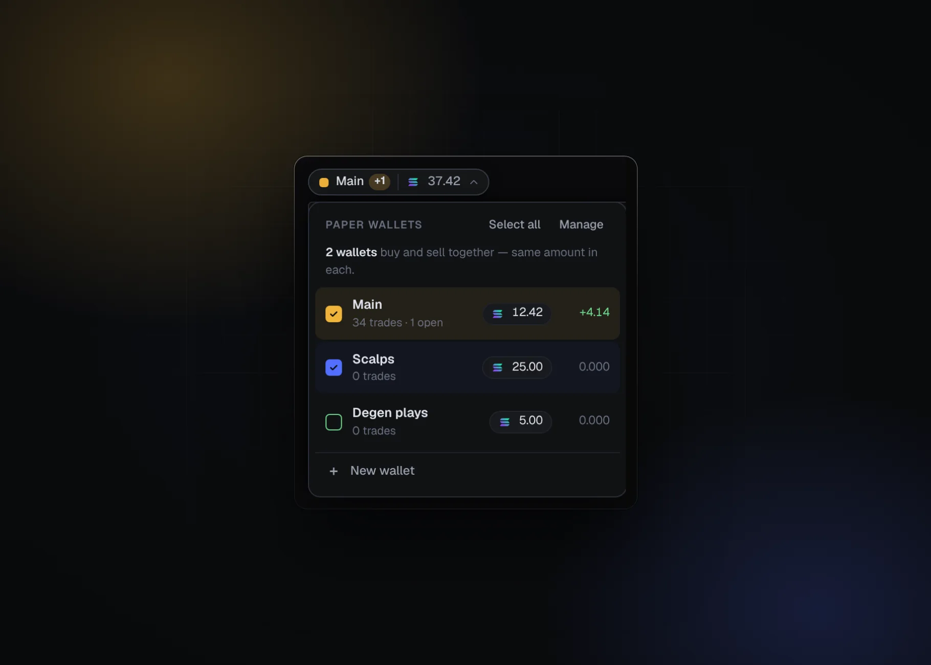 The wallet switcher with two paper wallets ticked