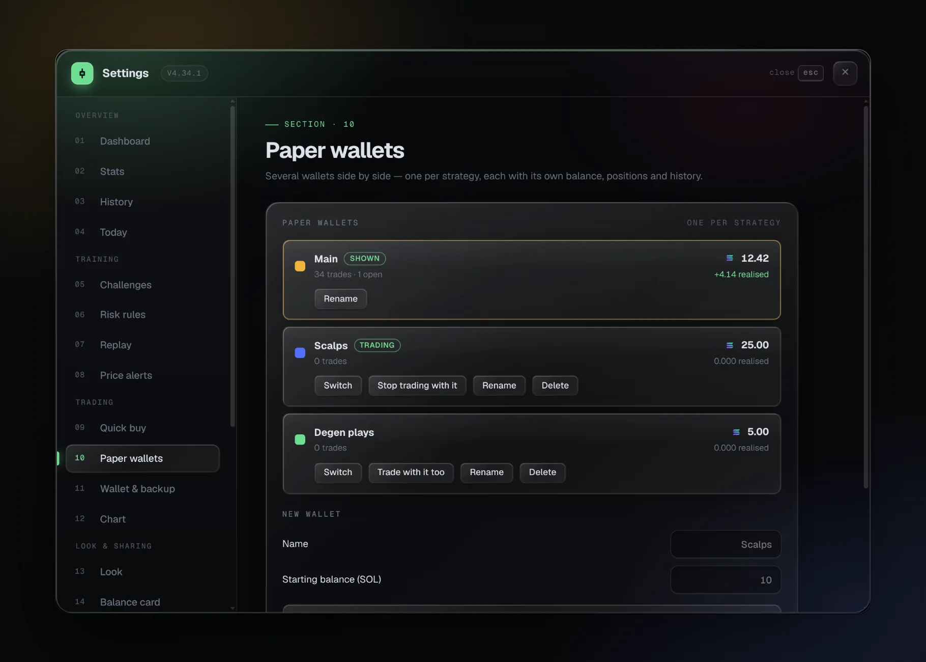 Paper wallets list in settings
